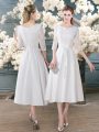White A-line Satin Scoop 3 4 Length Sleeve Lace Tea Length Zipper Prom Gown