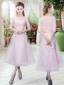 Ankle Length Baby Pink Dress for Prom Scoop Half Sleeves Lace Up