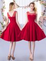 Modern Red Satin Zipper Scoop Sleeveless Knee Length Bridesmaids Dress Ruching