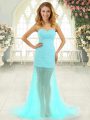 Aqua Blue Column/Sheath Beading Homecoming Dress Zipper Tulle Sleeveless