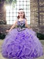 Lavender Straps Lace Up Embroidery and Ruffles Little Girls Pageant Gowns Sleeveless