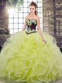 Yellow Green Sweetheart Lace Up Embroidery and Ruffles 15th Birthday Dress Sweep Train Sleeveless