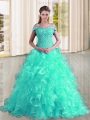 Turquoise A-line Off The Shoulder Sleeveless Organza Sweep Train Lace Up Beading and Lace and Ruffles 15th Birthday Dress