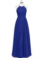 Halter Top Sleeveless Prom Gown Floor Length Ruching Royal Blue Chiffon
