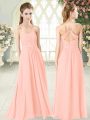Glamorous Pink Empire Halter Top Sleeveless Chiffon Floor Length Criss Cross Ruching Prom Dress