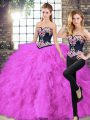 Tulle Sweetheart Sleeveless Lace Up Beading and Embroidery Quinceanera Gown in Fuchsia