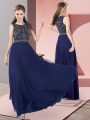 Scoop Sleeveless Evening Dress Floor Length Beading Navy Blue Chiffon