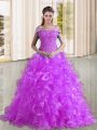 Discount Purple Off The Shoulder Lace Up Beading and Lace and Ruffles 15 Quinceanera Dress Sweep Train Sleeveless