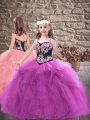 Purple Ball Gowns Embroidery and Ruffles Kids Formal Wear Lace Up Tulle Sleeveless Floor Length