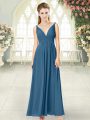 Ankle Length Blue Prom Party Dress V-neck Sleeveless Backless