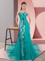 Edgy Tulle Spaghetti Straps Sleeveless Sweep Train Zipper Beading and Lace Prom Dress in Teal