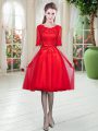 Inexpensive Half Sleeves Knee Length Lace Lace Up Prom Party Dress with Red