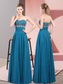 Blue Sleeveless Floor Length Beading Lace Up Prom Dress