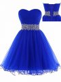 Dynamic Royal Blue Tulle Lace Up Sweetheart Sleeveless Mini Length Teens Party Dress Ruching