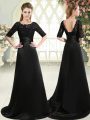 Smart Black Scalloped Neckline Beading and Appliques Prom Evening Gown Half Sleeves Lace Up