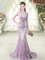 Amazing Lilac Sequined Zipper Scoop Sleeveless Homecoming Dress Brush Train Beading and Sequins