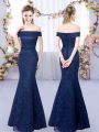 Clearance Navy Blue Lace Up Off The Shoulder Sleeveless Floor Length Court Dresses for Sweet 16 Lace