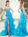 Lace Up Prom Dress Aqua Blue for Prom and Party with Beading and Ruffled Layers Brush Train