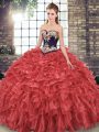 High Quality Sweetheart Sleeveless Organza Quinceanera Dresses Embroidery and Ruffles Sweep Train Lace Up