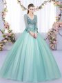 Customized Apple Green Long Sleeves Tulle Lace Up Sweet 16 Quinceanera Dress for Military Ball and Sweet 16 and Quinceanera