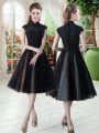 Black Cap Sleeves Beading and Lace Knee Length