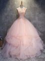 Fine Pink Quinceanera Dresses Military Ball and Sweet 16 and Quinceanera with Appliques and Ruffles Scoop Sleeveless Lace Up