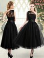 One Shoulder Sleeveless Prom Dress Tea Length Ruching Black Tulle