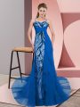 Customized Blue Sleeveless Sweep Train Beading and Lace Prom Dress