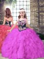 Fuchsia Tulle Lace Up Girls Pageant Dresses Sleeveless Floor Length Embroidery and Ruffles