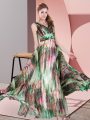 Multi-color Empire V-neck Sleeveless Printed Floor Length Lace Up Pattern Prom Dress