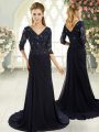 Chiffon V-neck Half Sleeves Sweep Train Zipper Beading and Lace and Appliques Prom Gown in Navy Blue