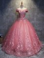 Ideal Floor Length Watermelon Red Sweet 16 Dress Off The Shoulder Sleeveless Lace Up