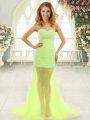 Tulle Sweetheart Sleeveless Brush Train Zipper Beading Prom Gown in Yellow Green