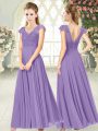 Colorful V-neck Cap Sleeves Prom Dresses Ankle Length Lace Lavender Chiffon