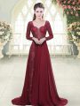 High Class Sweetheart Long Sleeves Evening Dress Brush Train Beading and Appliques Burgundy Chiffon
