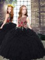 Unique Sleeveless Organza Floor Length Zipper Girls Pageant Dresses in Black with Embroidery and Ruffles