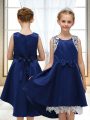 Sophisticated Navy Blue Zipper Scoop Lace and Bowknot Flower Girl Dresses for Less Satin Sleeveless
