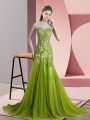Custom Made Sweep Train A-line Olive Green Scoop Tulle Sleeveless Backless