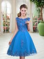 Unique Knee Length Lace Up Prom Evening Gown Blue for Prom and Party with Beading and Appliques