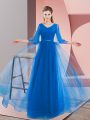 Extravagant Blue Tulle Lace Up Homecoming Dress Long Sleeves Floor Length Beading