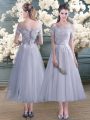 Tulle Off The Shoulder Short Sleeves Lace Up Lace and Appliques Prom Gown in Grey