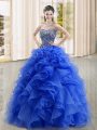 Blue Sleeveless Beading and Ruffles Floor Length Ball Gown Prom Dress