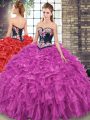 Fantastic Sweetheart Sleeveless Quinceanera Gowns Sweep Train Embroidery and Ruffles Fuchsia Organza