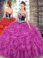 Fantastic Sweetheart Sleeveless Quinceanera Gowns Sweep Train Embroidery and Ruffles Fuchsia Organza