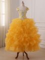 Gold Organza Lace Up Off The Shoulder Sleeveless Floor Length Kids Pageant Dress Beading and Ruffled Layers