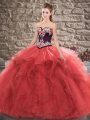 Floor Length Red Sweet 16 Quinceanera Dress Tulle Sleeveless Beading and Embroidery