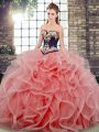 Modest Watermelon Red Tulle Lace Up Sweetheart Sleeveless Quinceanera Gowns Sweep Train Embroidery and Ruffles