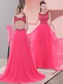 Coral Red Chiffon Backless Sleeveless Sweep Train Beading