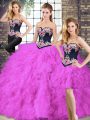 Fuchsia Three Pieces Tulle Sweetheart Sleeveless Beading and Embroidery Floor Length Lace Up Quince Ball Gowns