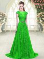 Affordable Green Zipper Scoop Beading and Lace and Pick Ups Prom Gown Tulle Cap Sleeves
